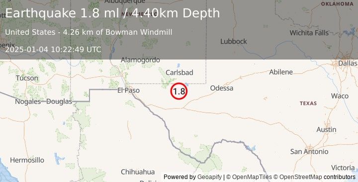 Earthquake 51 km SSE of Whites City, New Mexico (1.8 ml) (2025-01-04 10:22:49 UTC)