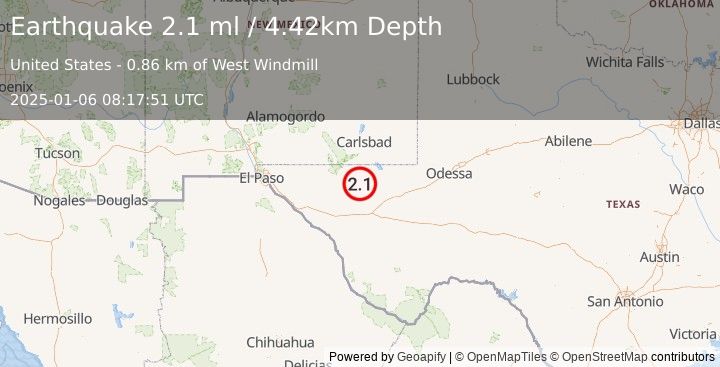 Earthquake 58 km S of Whites City, New Mexico (2.1 ml) (2025-01-06 08:17:51 UTC)