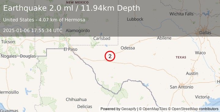 Earthquake 10 km WSW of Lindsay, Texas (2.0 ml) (2025-01-06 17:55:34 UTC)