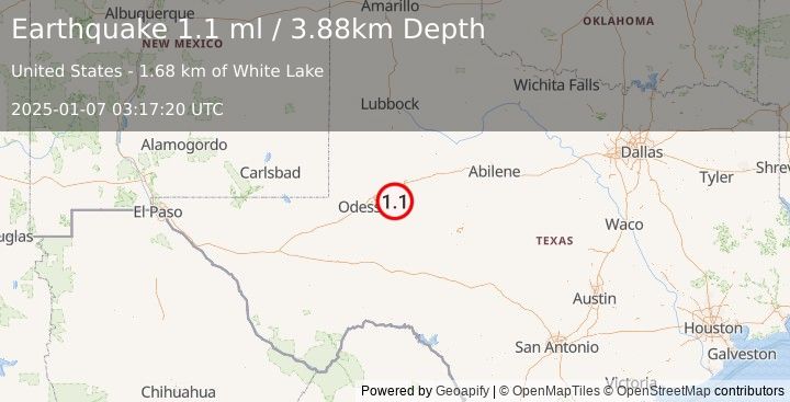 Earthquake 21 km SSE of Stanton, Texas (1.1 ml) (2025-01-07 03:17:20 UTC)