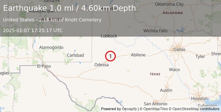 Earthquake 17 km S of Ackerly, Texas (1.0 ml) (2025-01-07 17:25:17 UTC)