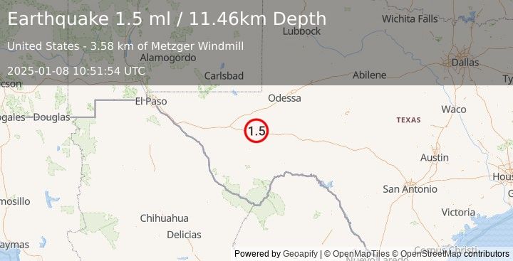 Earthquake 33 km SSW of Coyanosa, Texas (1.5 ml) (2025-01-08 10:51:54 UTC)