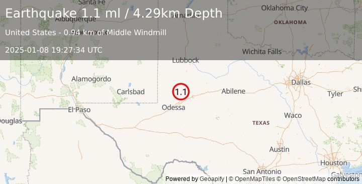 Earthquake 33 km WSW of Ackerly, Texas (1.1 ml) (2025-01-08 19:27:34 UTC)