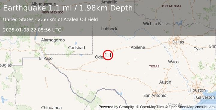 Earthquake 14 km ESE of Midland, Texas (1.1 ml) (2025-01-08 22:08:56 UTC)