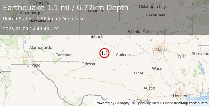 Earthquake 23 km NNW of Westbrook, Texas (1.1 ml) (2025-01-09 14:49:43 UTC)