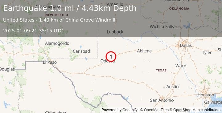 Earthquake 12 km NNW of Midland, Texas (1.0 ml) (2025-01-09 21:35:15 UTC)