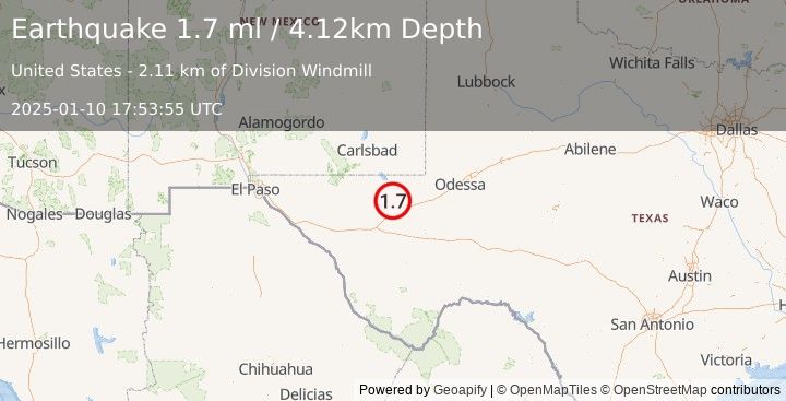 Earthquake 19 km SW of Mentone, Texas (1.7 ml) (2025-01-10 17:53:55 UTC)