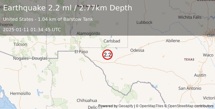 Earthquake 64 km NNE of Van Horn, Texas (2.2 ml) (2025-01-11 01:34:45 UTC)