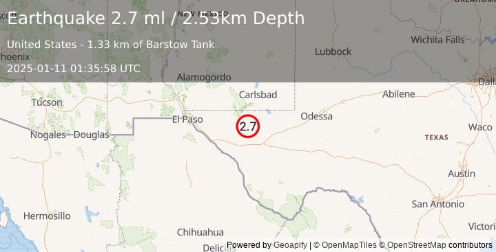 Earthquake 64 km NNE of Van Horn, Texas (2.7 ml) (2025-01-11 01:35:58 UTC)