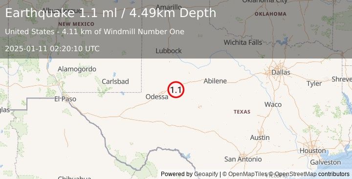 Earthquake 13 km W of Forsan, Texas (1.1 ml) (2025-01-11 02:20:10 UTC)