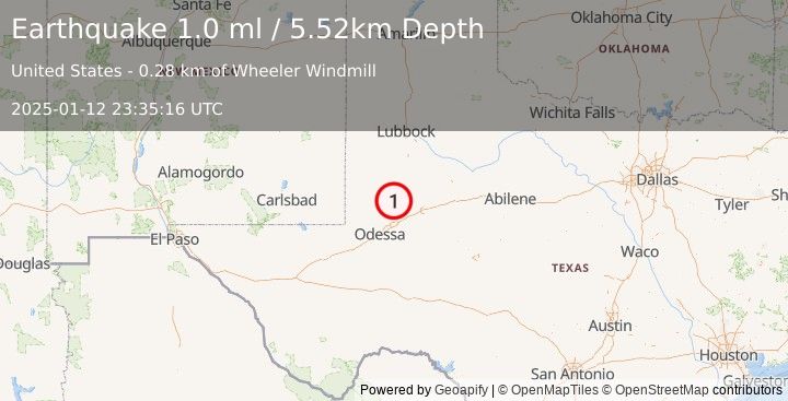 Earthquake 36 km WSW of Ackerly, Texas (1.0 ml) (2025-01-12 23:35:16 UTC)