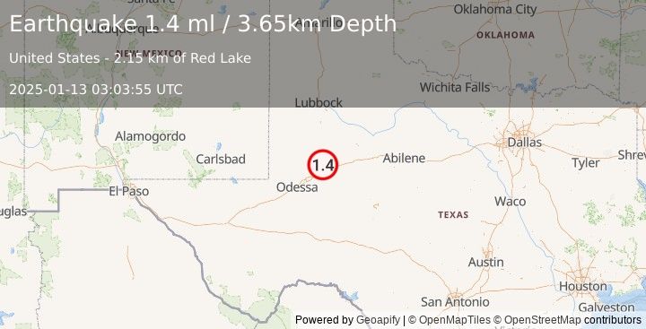 Earthquake 20 km NNE of Stanton, Texas (1.4 ml) (2025-01-13 03:03:55 UTC)