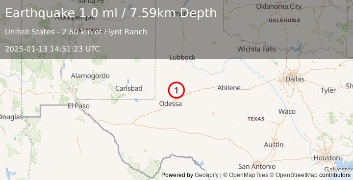 Earthquake 38 km NW of Stanton, Texas (1.0 ml) (2025-01-13 14:51:23 UTC)