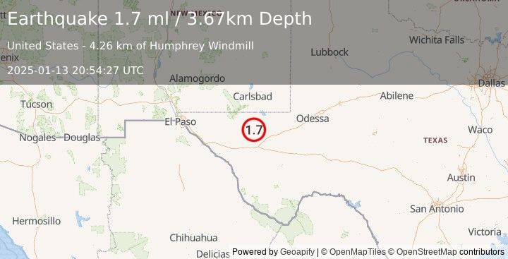 Earthquake 45 km NW of Toyah, Texas (1.7 ml) (2025-01-13 20:54:27 UTC)