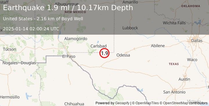 Earthquake 34 km NNW of Mentone, Texas (1.9 ml) (2025-01-14 02:00:24 UTC)