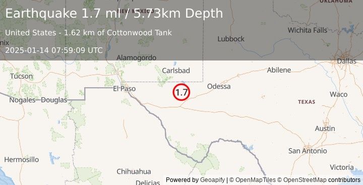 Earthquake 37 km NNW of Toyah, Texas (1.7 ml) (2025-01-14 07:59:09 UTC)