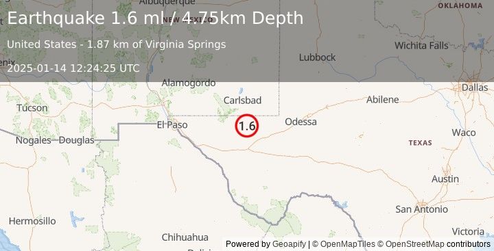 Earthquake 46 km W of Mentone, Texas (1.6 ml) (2025-01-14 12:24:25 UTC)