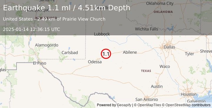 Earthquake 10 km NNW of Big Spring, Texas (1.1 ml) (2025-01-14 12:36:15 UTC)