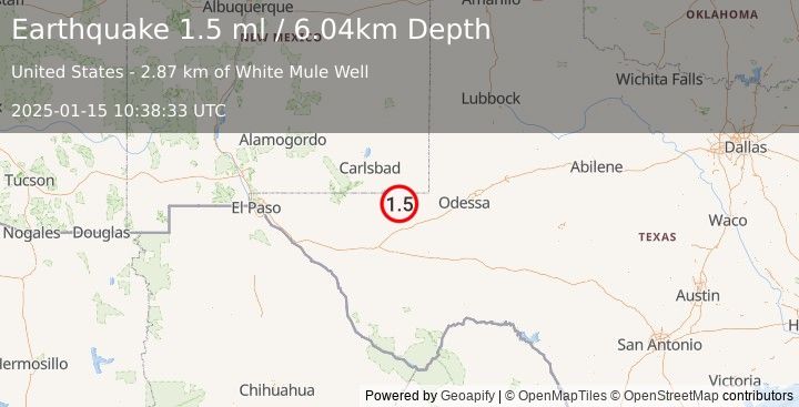 Earthquake 14 km NNW of Mentone, Texas (1.5 ml) (2025-01-15 10:38:33 UTC)