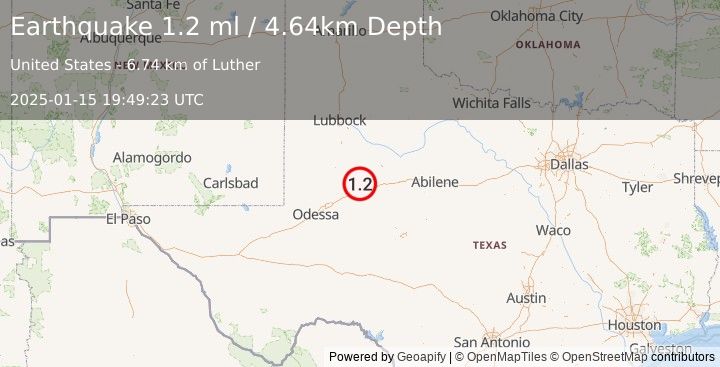 Earthquake 15 km NNW of Sand Springs, Texas (1.2 ml) (2025-01-15 19:49:23 UTC)