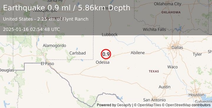 Earthquake 39 km E of McKinney Acres, Texas (0.9 ml) (2025-01-16 02:54:48 UTC)