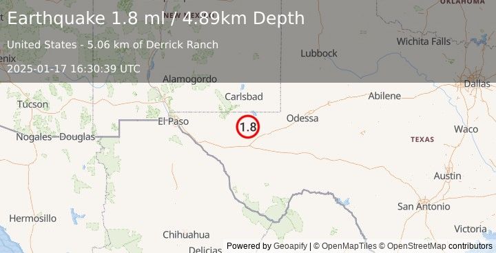 Earthquake 44 km NW of Toyah, Texas (1.8 ml) (2025-01-17 16:30:39 UTC)