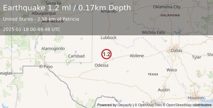 Earthquake 20 km SSW of Los Ybanez, Texas (1.2 ml) (2025-01-18 00:49:48 UTC)