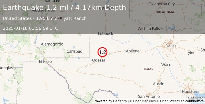 Earthquake 37 km WSW of Ackerly, Texas (1.2 ml) (2025-01-18 01:56:59 UTC)