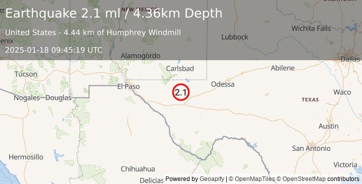 Earthquake 45 km NW of Toyah, Texas (2.1 ml) (2025-01-18 09:45:19 UTC)