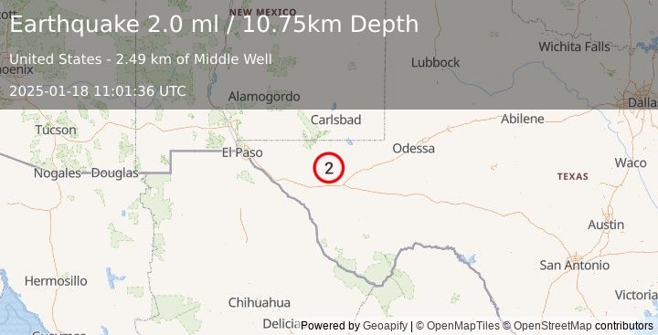 Earthquake 60 km SSW of Whites City, New Mexico (2.0 ml) (2025-01-18 11:01:34 UTC)