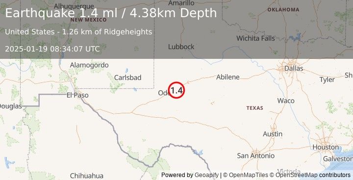 Earthquake 6 km SSE of Midland, Texas (1.4 ml) (2025-01-19 08:34:07 UTC)