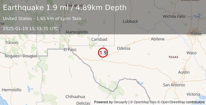 Earthquake 31 km NNW of Toyah, Texas (1.9 ml) (2025-01-19 15:33:35 UTC)