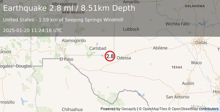 Earthquake 23 km SW of Jal, New Mexico (2.8 ml) (2025-01-20 11:24:16 UTC)