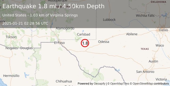 Earthquake 47 km W of Mentone, Texas (1.8 ml) (2025-01-21 02:28:56 UTC)