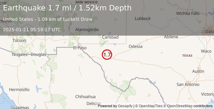 Earthquake 46 km NE of Van Horn, Texas (1.7 ml) (2025-01-21 05:59:17 UTC)