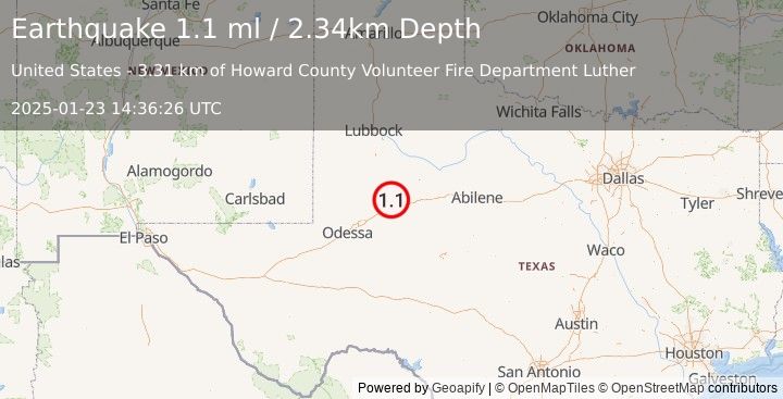 Earthquake 17 km N of Big Spring, Texas (1.1 ml) (2025-01-23 14:36:26 UTC)