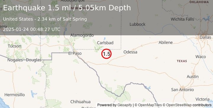 Earthquake 51 km W of Mentone, Texas (1.5 ml) (2025-01-24 00:48:27 UTC)