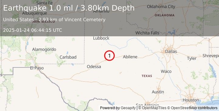 Earthquake 25 km NNE of Coahoma, Texas (1.0 ml) (2025-01-24 06:44:15 UTC)