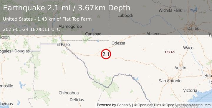 Earthquake 24 km WSW of Coyanosa, Texas (2.1 ml) (2025-01-24 18:08:11 UTC)