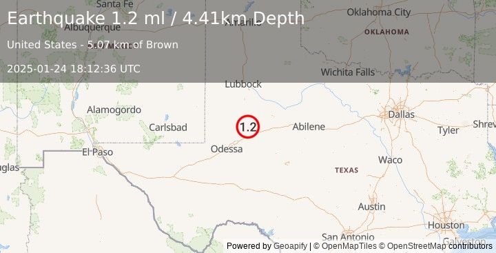 Earthquake 9 km SSE of Ackerly, Texas (1.2 ml) (2025-01-24 18:12:36 UTC)