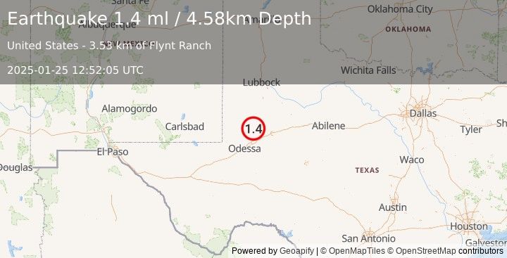 Earthquake 37 km NW of Stanton, Texas (1.4 ml) (2025-01-25 12:52:05 UTC)