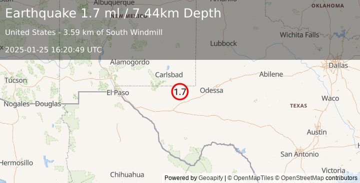 Earthquake 17 km NW of Mentone, Texas (1.7 ml) (2025-01-25 16:20:49 UTC)