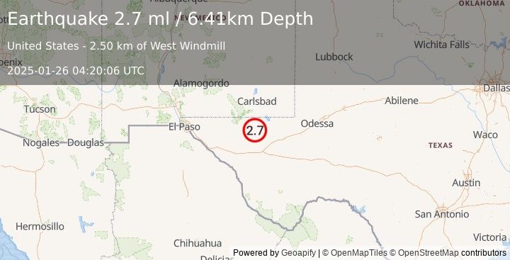 Earthquake 57 km S of Whites City, New Mexico (2.7 ml) (2025-01-26 04:20:06 UTC)