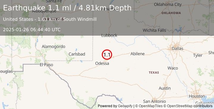 Earthquake 31 km WSW of Ackerly, Texas (1.1 ml) (2025-01-26 06:44:40 UTC)