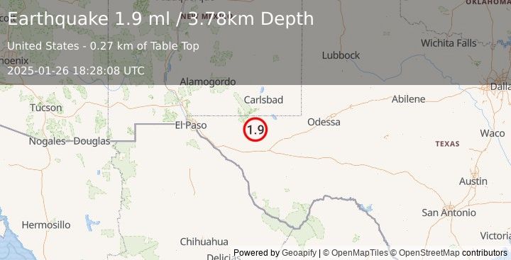 Earthquake 61 km S of Whites City, New Mexico (1.9 ml) (2025-01-26 18:28:08 UTC)