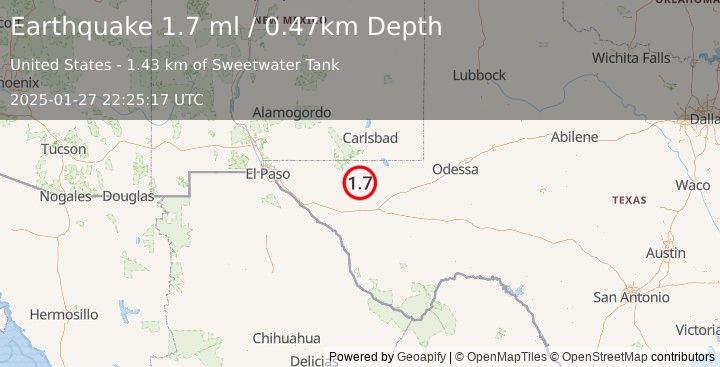 Earthquake 67 km S of Whites City, New Mexico (1.7 ml) (2025-01-27 22:25:17 UTC)