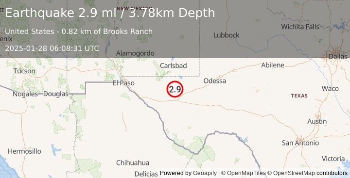 Earthquake 42 km WNW of Toyah, Texas (2.9 ml) (2025-01-28 06:08:31 UTC)