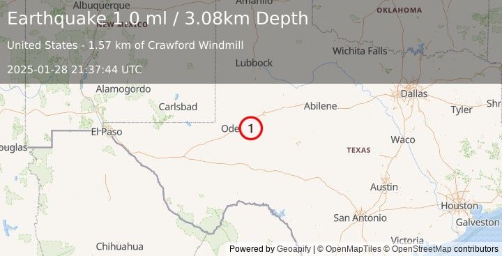 Earthquake 20 km SE of Midland, Texas (1.0 ml) (2025-01-28 21:37:44 UTC)