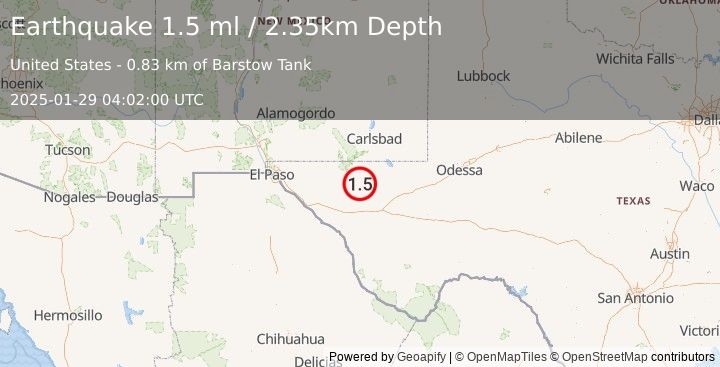 Earthquake 66 km NNE of Van Horn, Texas (1.5 ml) (2025-01-29 04:02:00 UTC)