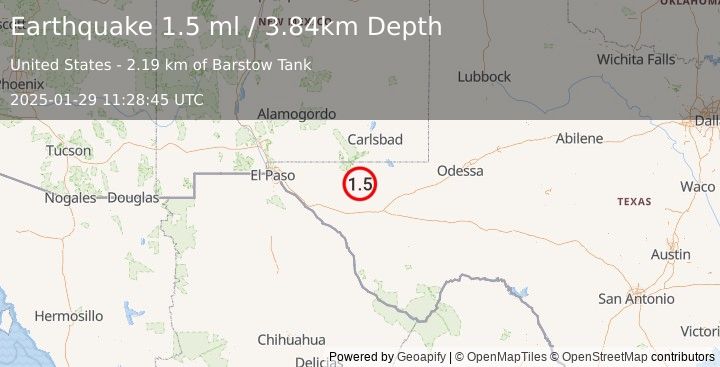 Earthquake 66 km SSW of Whites City, New Mexico (1.5 ml) (2025-01-29 11:28:45 UTC)